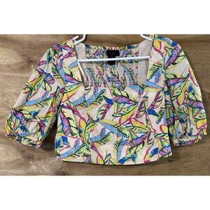 Rachel Roy Woman Medium Square Neck Short Sleeve Cropped Top Colorful Floral